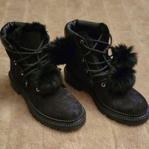 JIMMY CHOO Elba Suede Hiker Boot w/Fur Pompoms